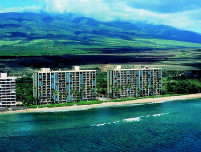 Picture of the aerial view of the Aston Mahana at Kaanapali Beach, Maui condo rentals.
