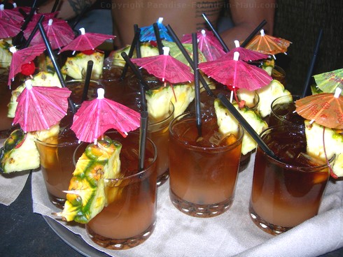 Picture of a tray of Mai Tai's at the Feast at Lele, one of the best Maui luaus.