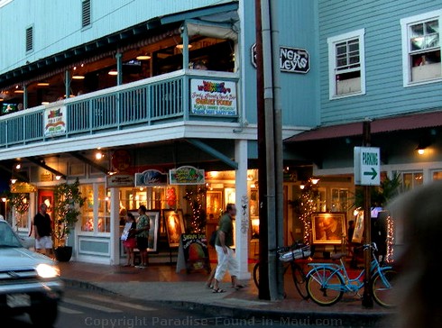 Picture shops on Front Street, Lahaina, Maui in the early evening.