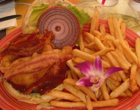 Picture of bacon cheeseburger at Moose McGillycuddys Lahaina restaurant on Front Street.