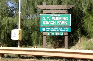 Picture of the sign on the highway for D. T. Fleming Beach Park in Kapalua, Maui, Hawaii.