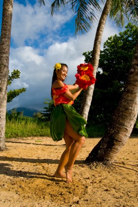 picture of woman dancing the hula on a beach in Hawaii