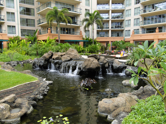 Tropical landscaping at the Honua Kai Resort at Maui, Hawaii