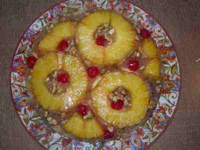 Picture of pineapple upside down cake that I made from the pineapple I'll use for starting a pineapple plant.