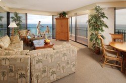 Picture of living room overlooking ocean at the Aston Kaanapali Shores condo rentals in Maui.
