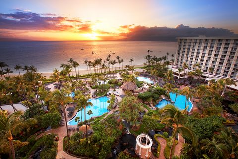 Aerial picture of the Westin Maui Resort and Spa at sunset.