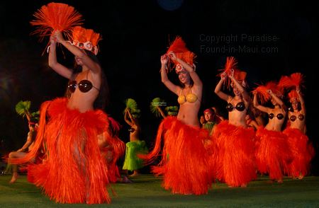 Picture of female luau dancers at the Old Lahaina Luau, Maui.